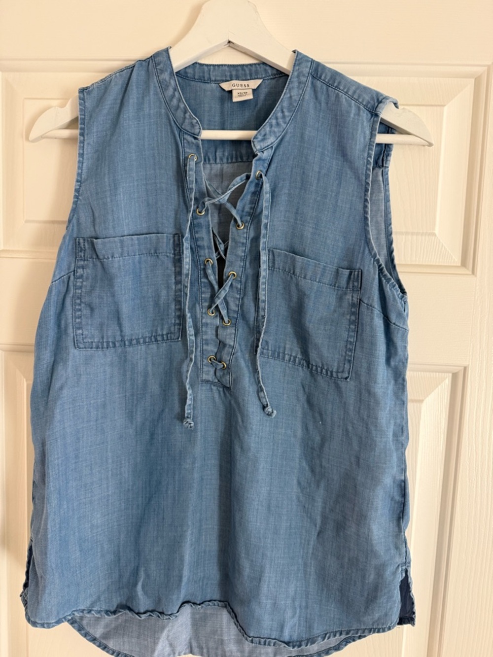 Guess Light Blue Denim Lace-Up Sleeveless Blouse